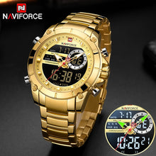 Load image into Gallery viewer, New NAVIFORCE Men Military Fashion Watch Gold Quartz Wristwatch Steel Waterproof Dual Display Male Clock Watch Relogio Masculino
